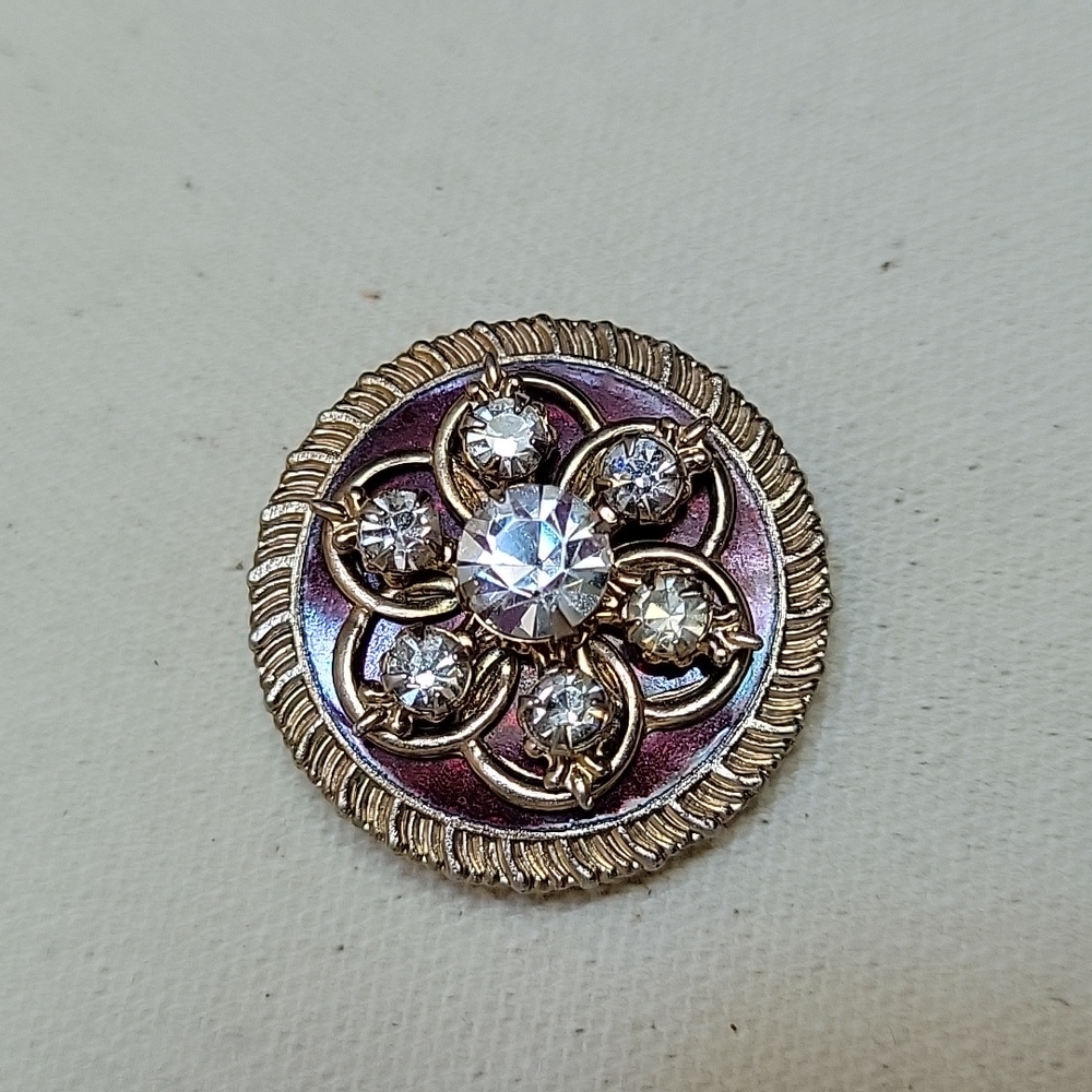 Vintage Round Gold Brown Rhinestone Brooch
